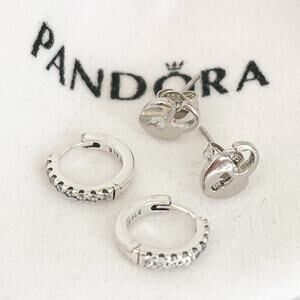 PANDORA BUNDLE (2) Sets of Pierced Earrings Huggie Hoops & Heart Studs Sterling